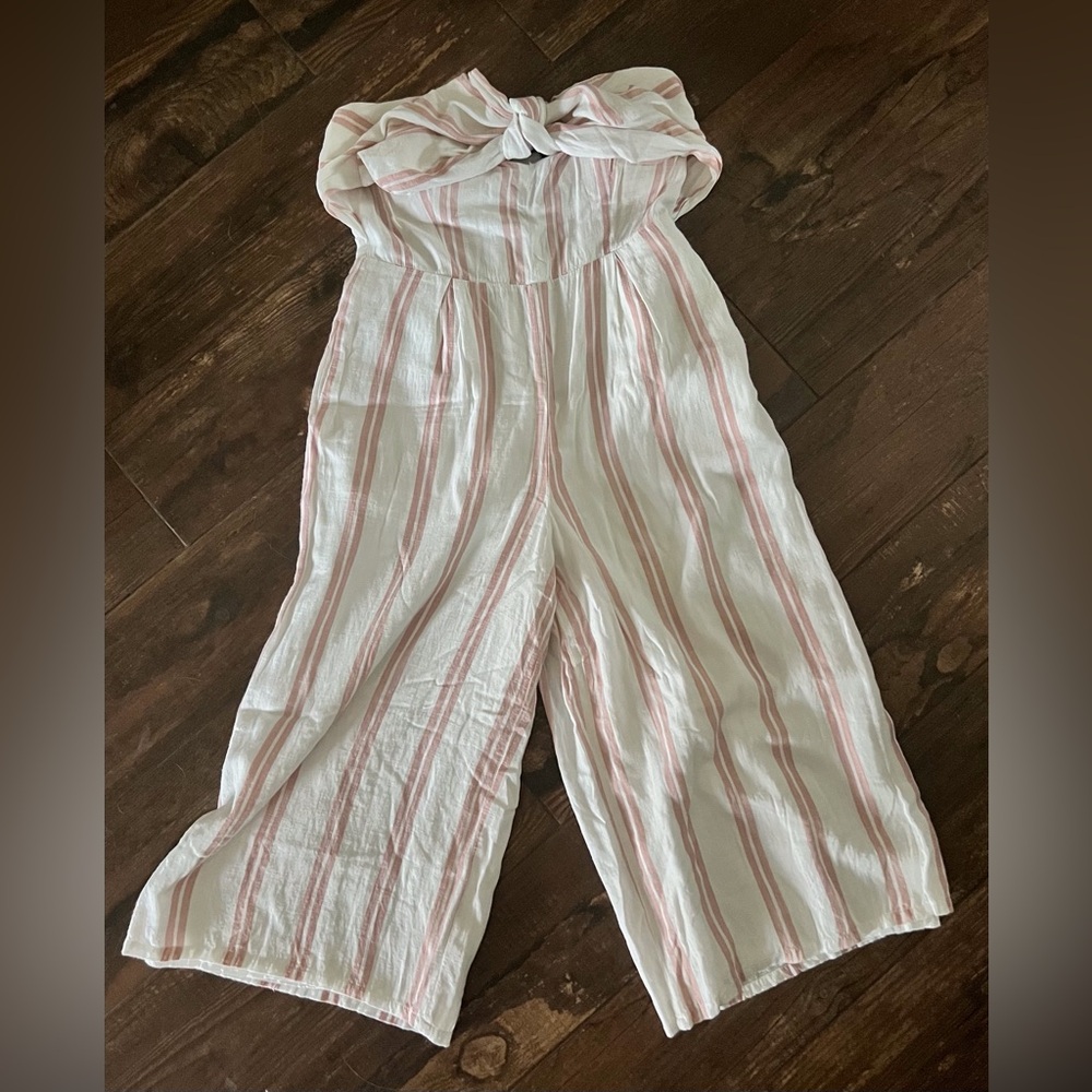 Lulu’s Margo Blush Pink and White Striped Strapless Midi Jumpsuit.